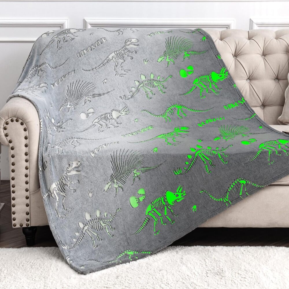 Dinosaur Gray Glow in The Dark Blanket- Soft Throw 50"x60" New in Package